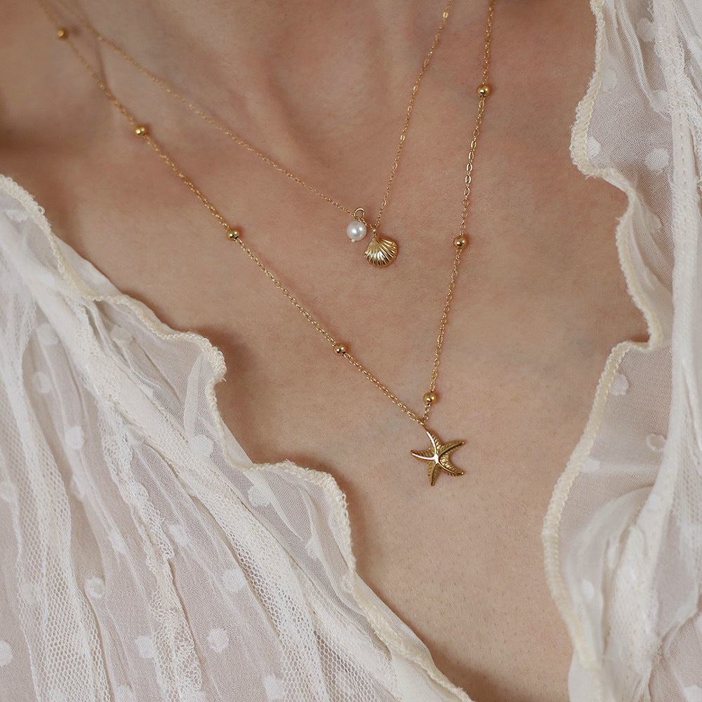 SS-11711 - Star Fish & Sea Shell Pearl Gold Double Layer - Necklace