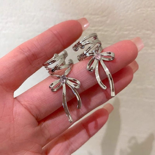 UNI-11988 -  Pink Diamond Silver Bow - Ear Cuff Pair
