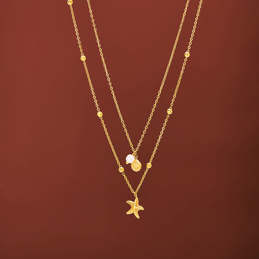 SS-11711 - Star Fish & Sea Shell Pearl Gold Double Layer - Necklace