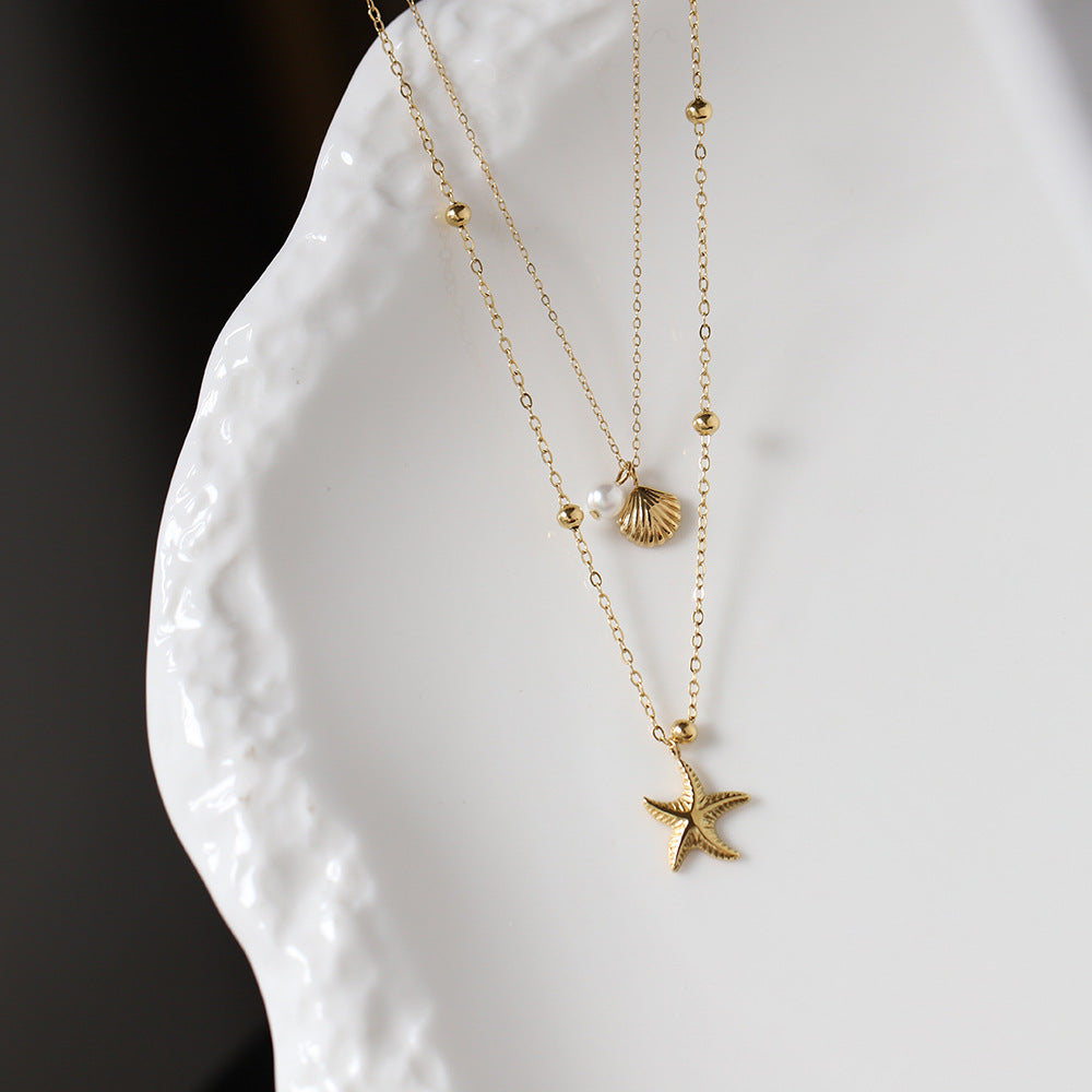 SS-11711 - Star Fish & Sea Shell Pearl Gold Double Layer - Necklace