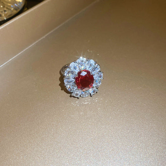 UNI-11810 - Red & White Diamonds Flower Silver - Ring