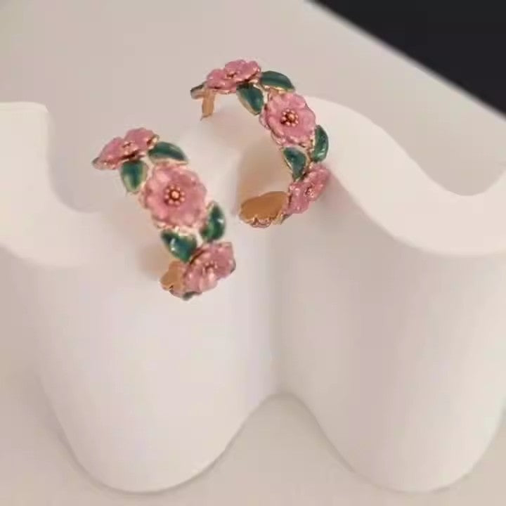 UNI-10431- Pink Rose & Leaf - Earring
