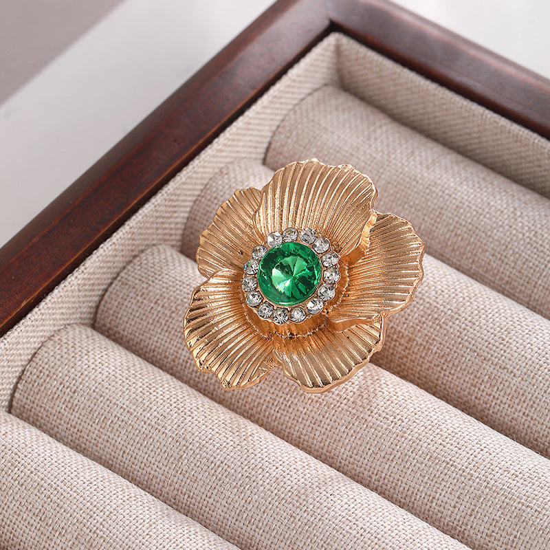 UNI-11228 - Green Diamond Gold Flower - Ring