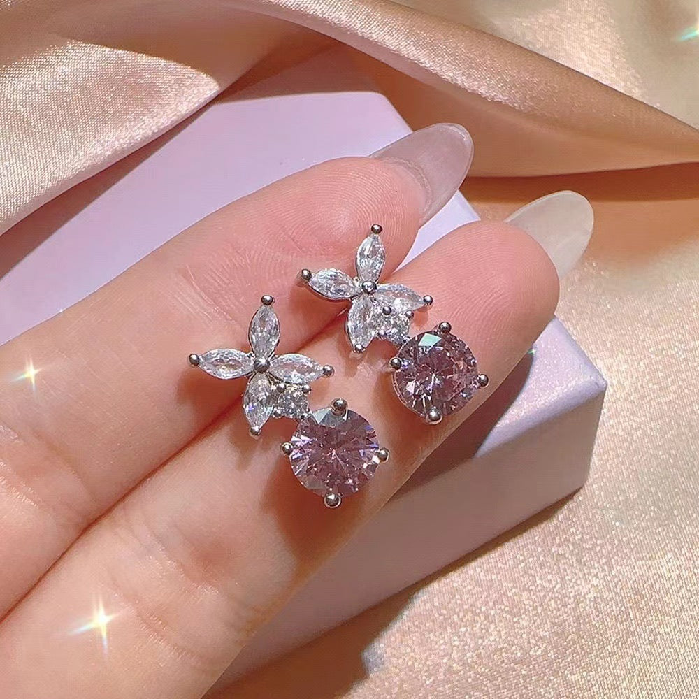 UNI-11020 - Pink Flower Diamond Silver - Jewelry Set