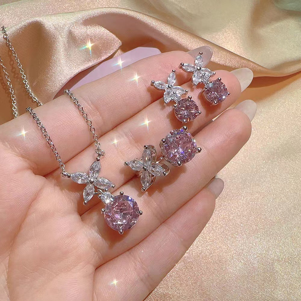 UNI-11020 - Pink Flower Diamond Silver - Jewelry Set