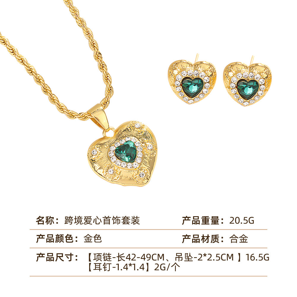 UNI-10543 - Green Crystal Diamond Gold - Jewelry Set