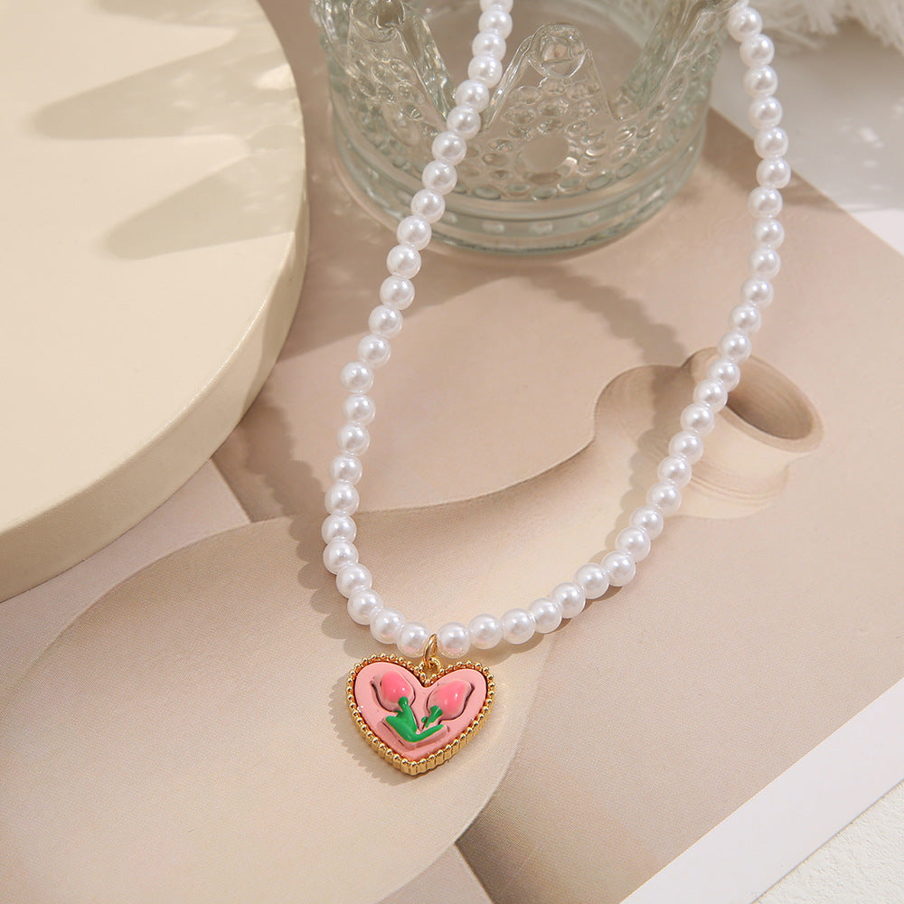 UNI-10656 - Pearls & Pink Flower Heart - Necklace