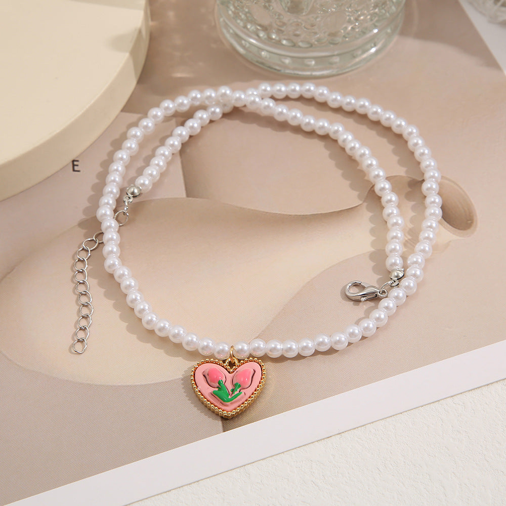UNI-10656 - Pearls & Pink Flower Heart - Necklace