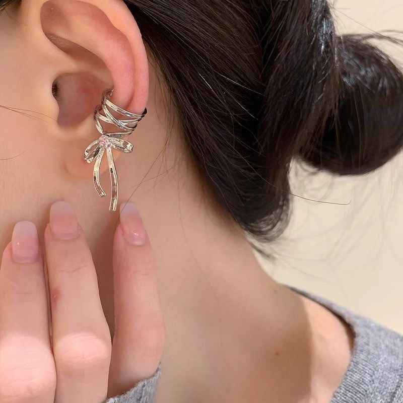 UNI-11988 -  Pink Diamond Silver Bow - Ear Cuff Pair