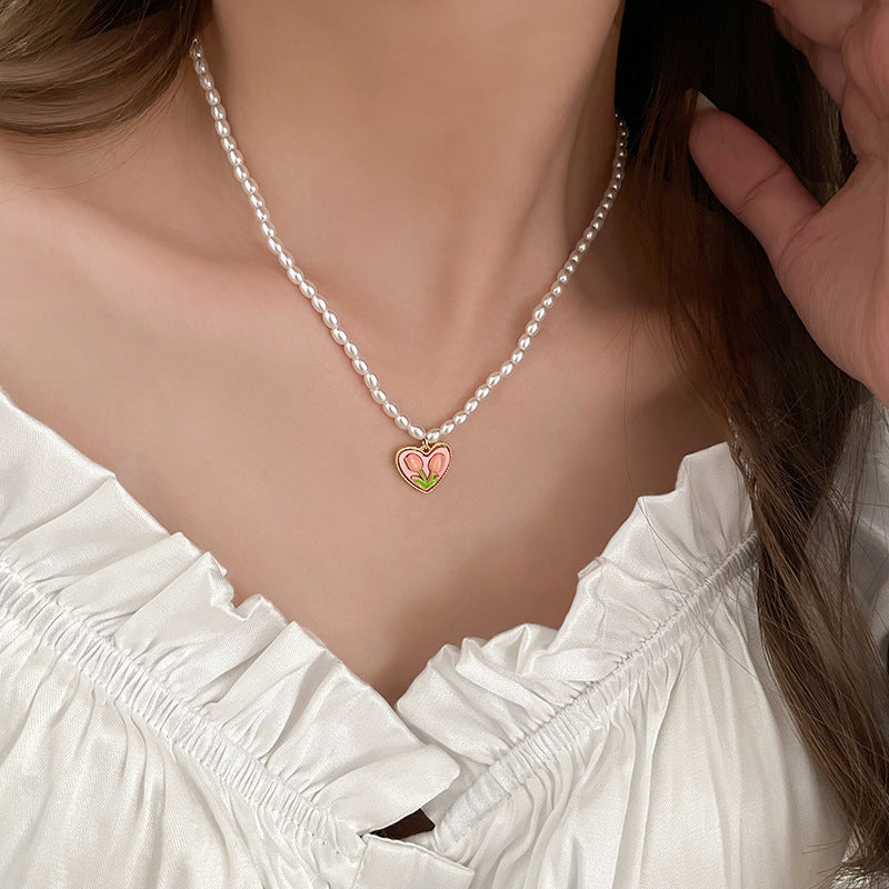 UNI-10656 - Pearls & Pink Flower Heart - Necklace