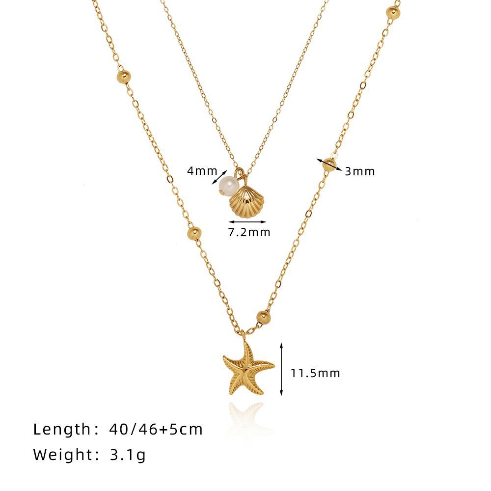 SS-11711 - Star Fish & Sea Shell Pearl Gold Double Layer - Necklace