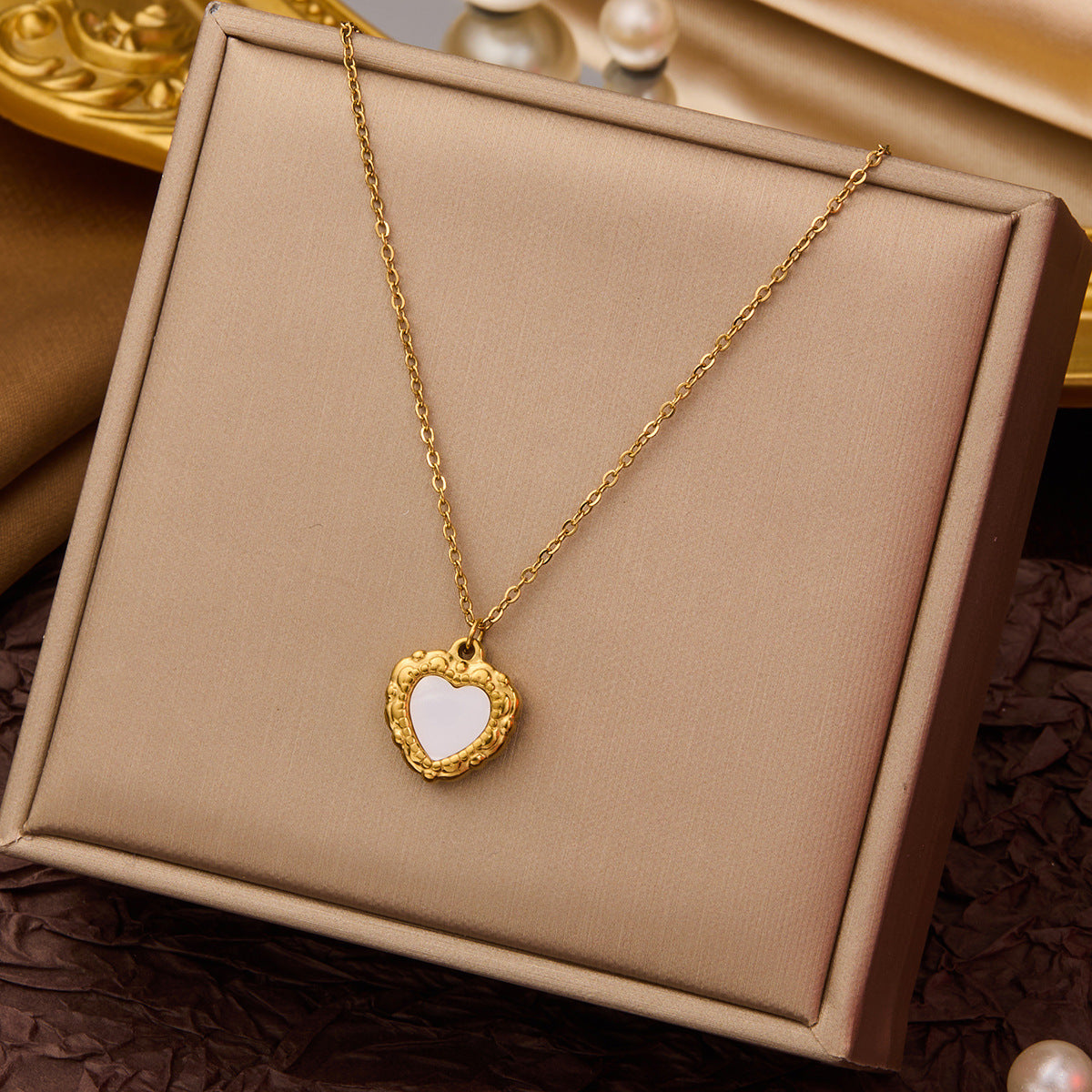White Heart Gold Necklace