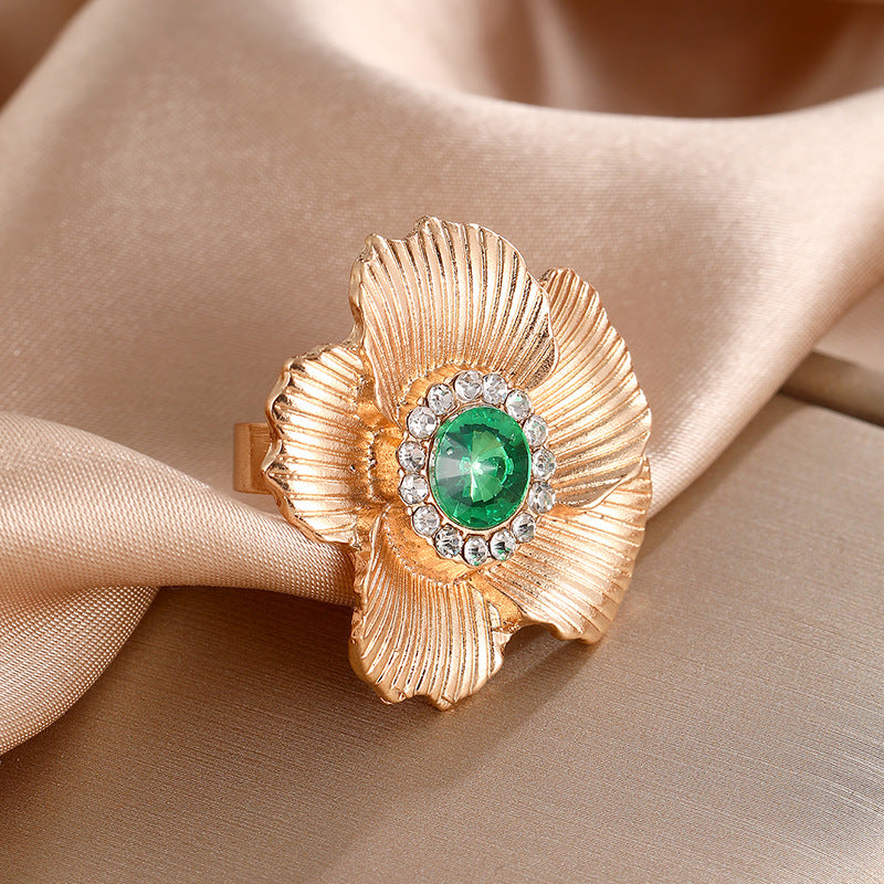 UNI-11228 - Green Diamond Gold Flower - Ring