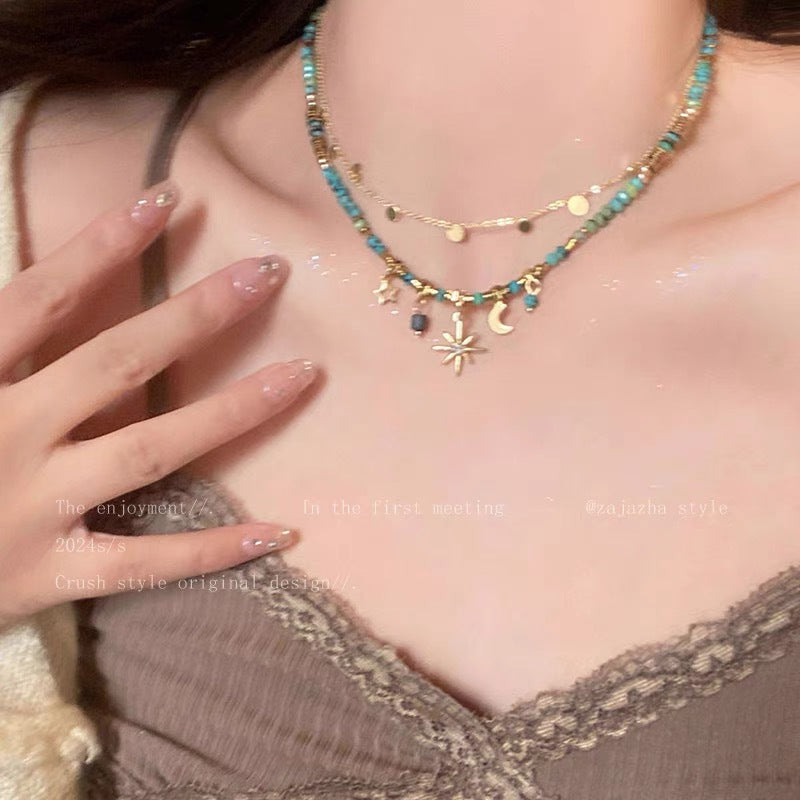 UNI-11973- Moon & Star Sparkle Watercolor Stones - Necklace