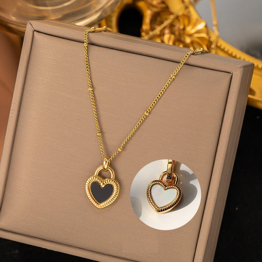 SS-10826 - Double Side Black & White Heart Gold - Necklace