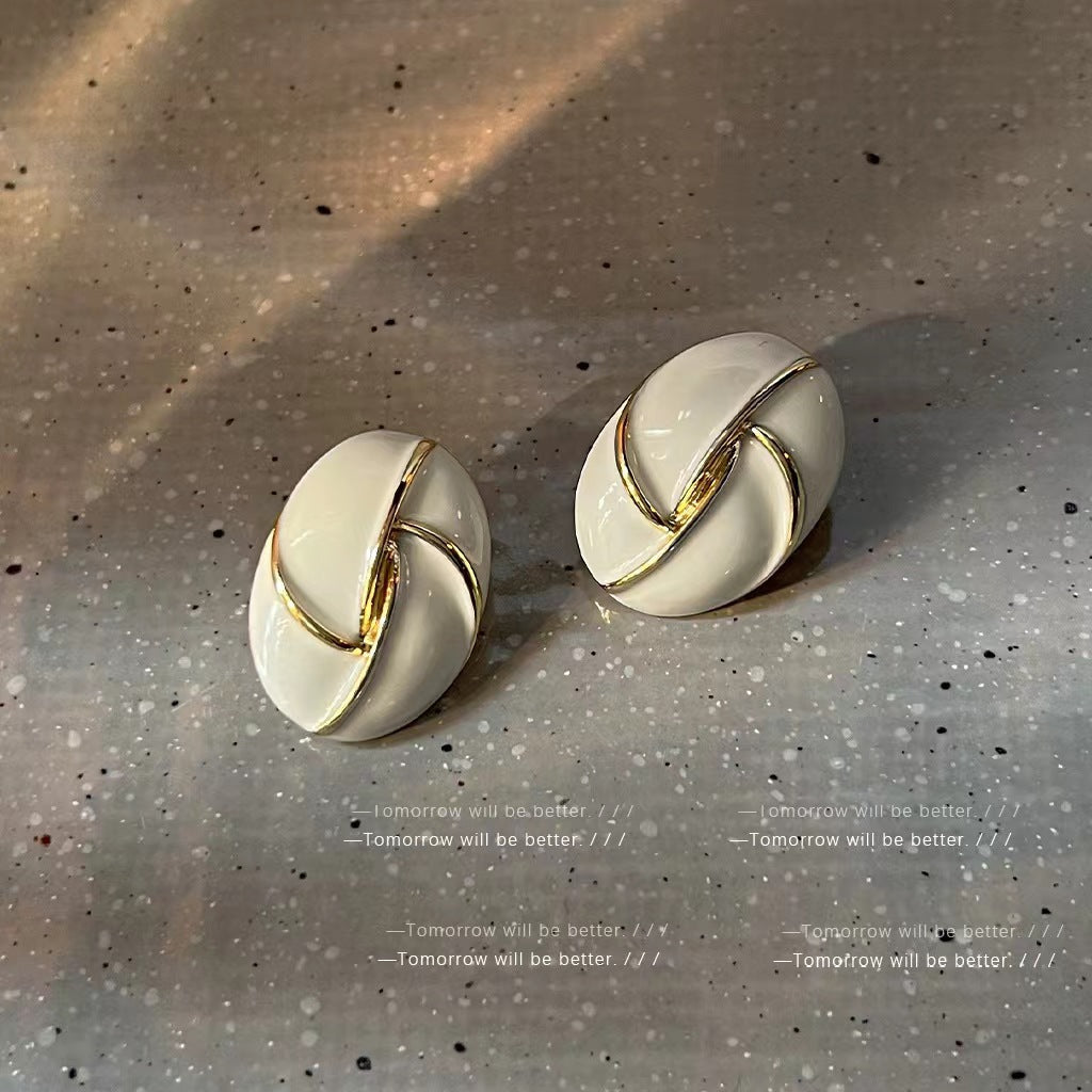 UNI-12142-  Classy White Oval Gold Foil - Earring