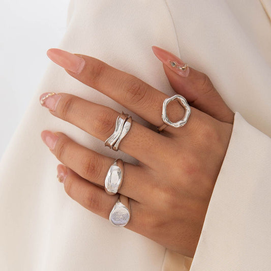 UNI-11115-24 - Luxury Geometric Silver - Ring Set Of 4