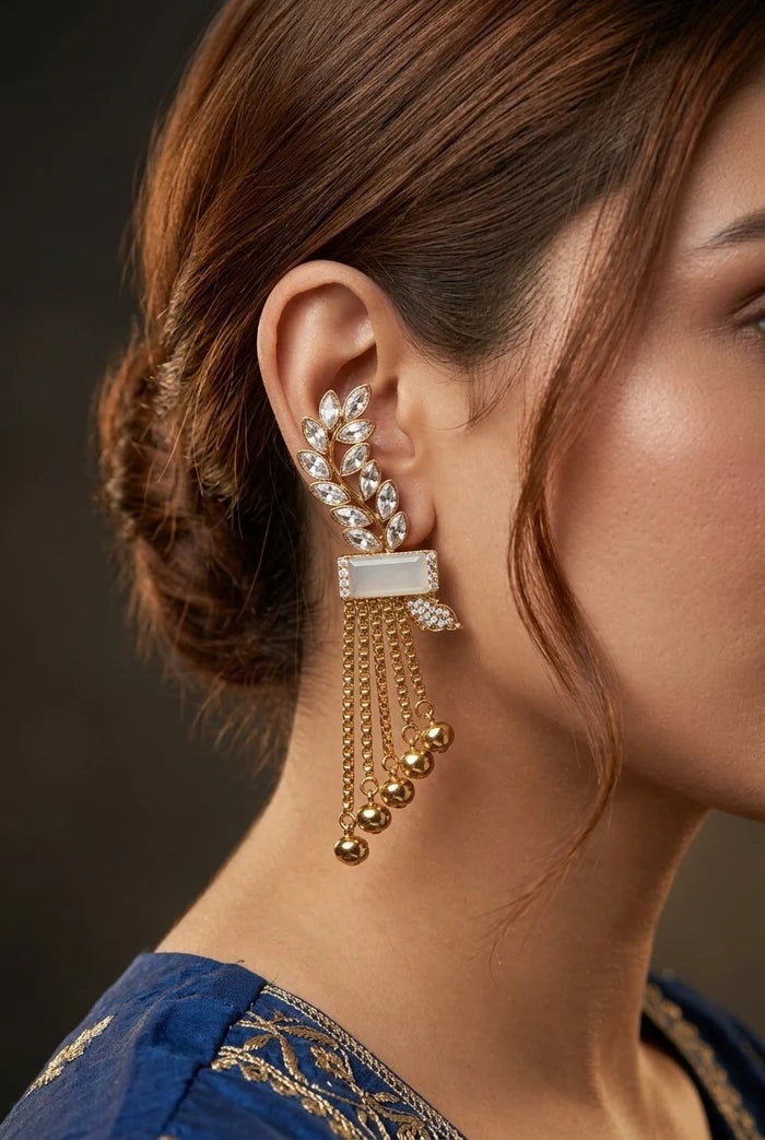 Turkish Antique Gems Leaf & Hanging Chain Design Earrings