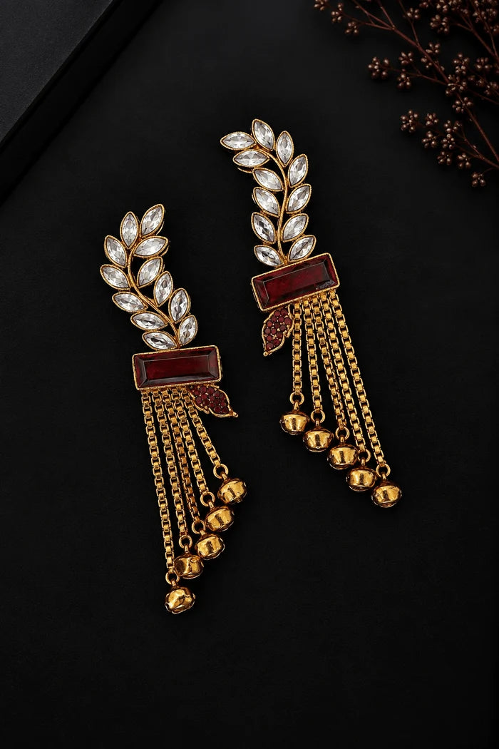 Turkish Antique Gems Leaf & Hanging Chain Design Earrings