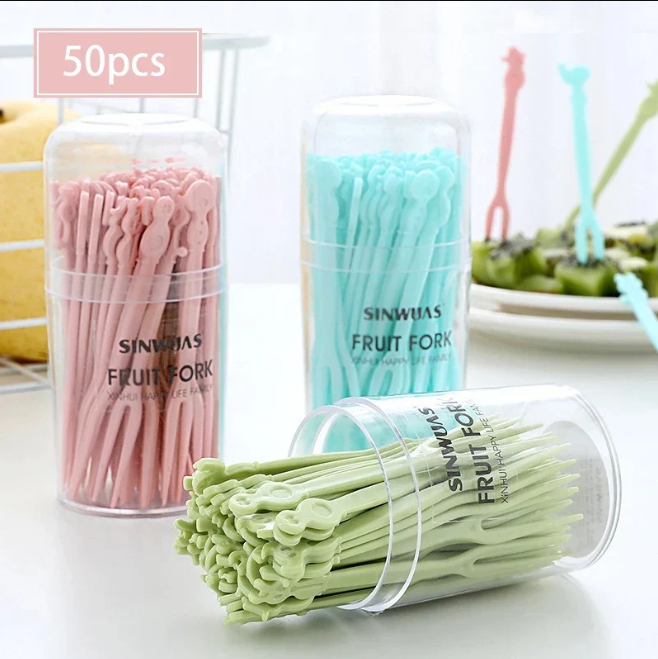 50 Pcs Fruit Forks Set with Box Reusable Mini Dessert &amp; Snack Picks