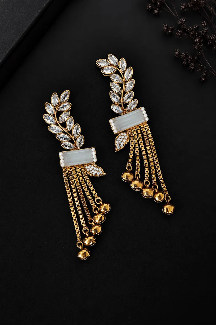 Turkish Antique Gems Leaf & Hanging Chain Design Earrings