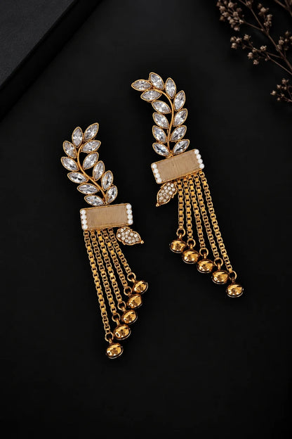 Turkish Antique Gems Leaf & Hanging Chain Design Earrings