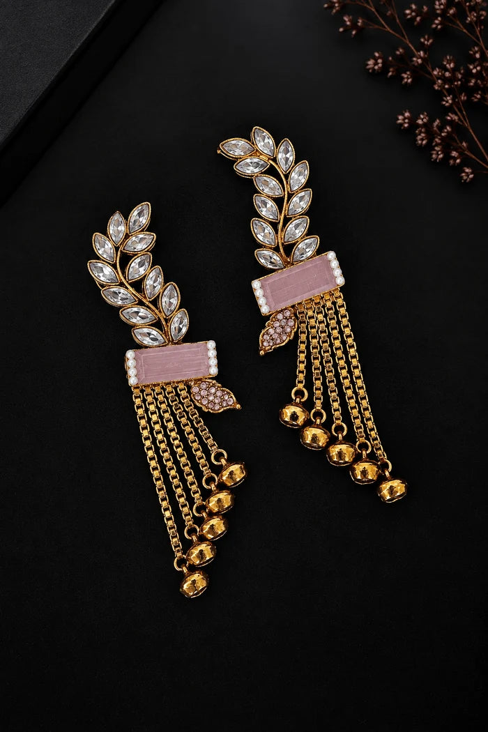 Turkish Antique Gems Leaf & Hanging Chain Design Earrings