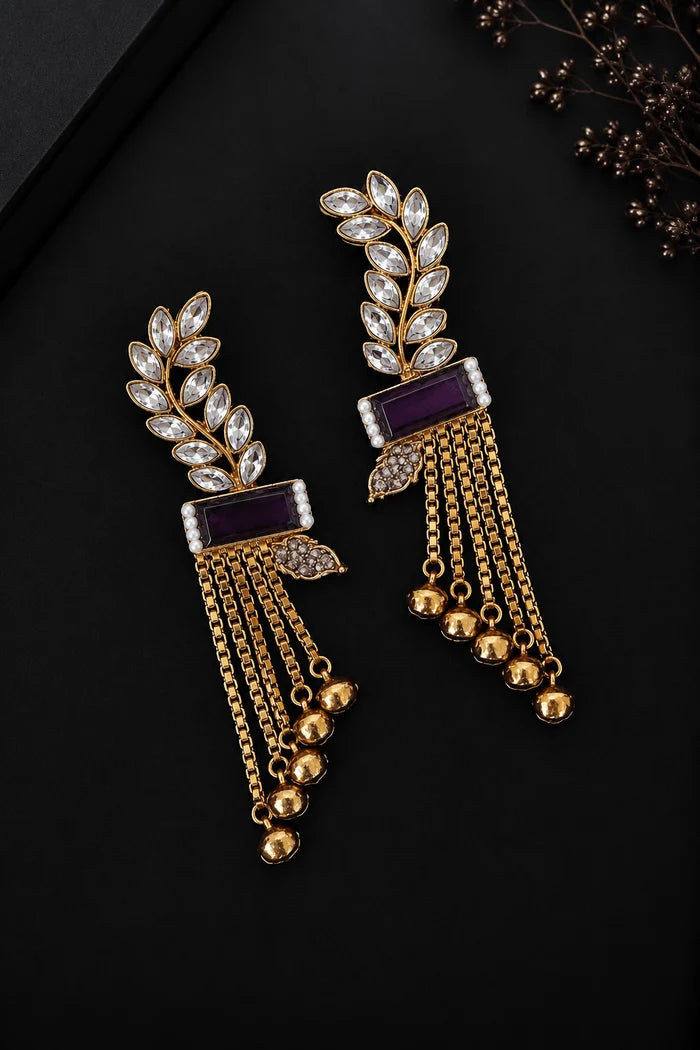 Turkish Antique Gems Leaf & Hanging Chain Design Earrings