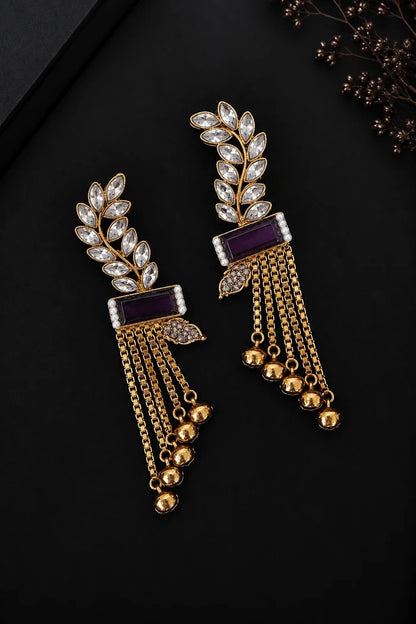 Turkish Antique Gems Leaf & Hanging Chain Design Earrings