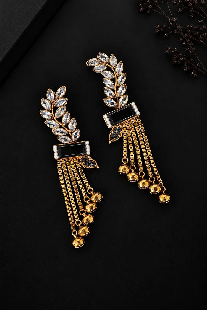 Turkish Antique Gems Leaf & Hanging Chain Design Earrings