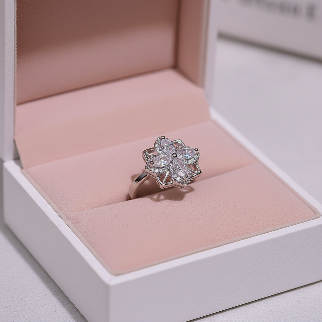 UNI-11042-3 - Sparkle Diamond Flower Silver - Ring