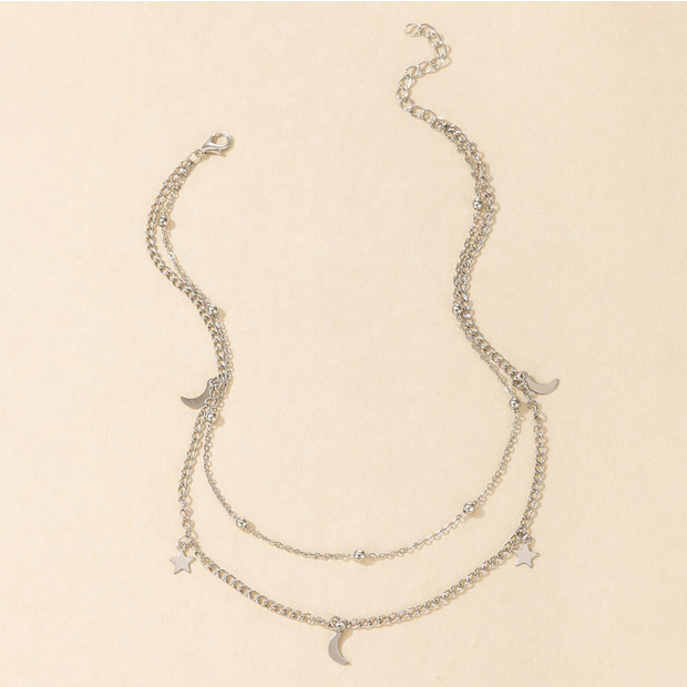 UNI-10457 - Silver Moon & Star Double Layer - Necklace