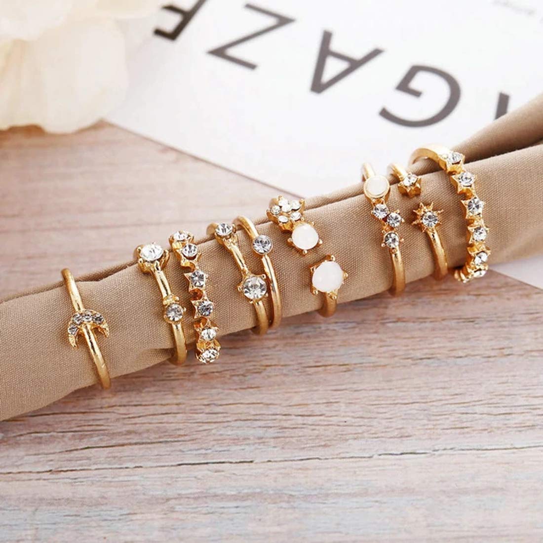UNI-10168-33 - Moon & Star Sparkle Gold - Ring Set Of 9