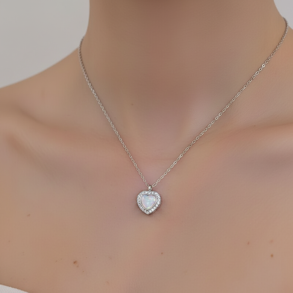UNI-10244- White Stone Heart Silver - Necklace