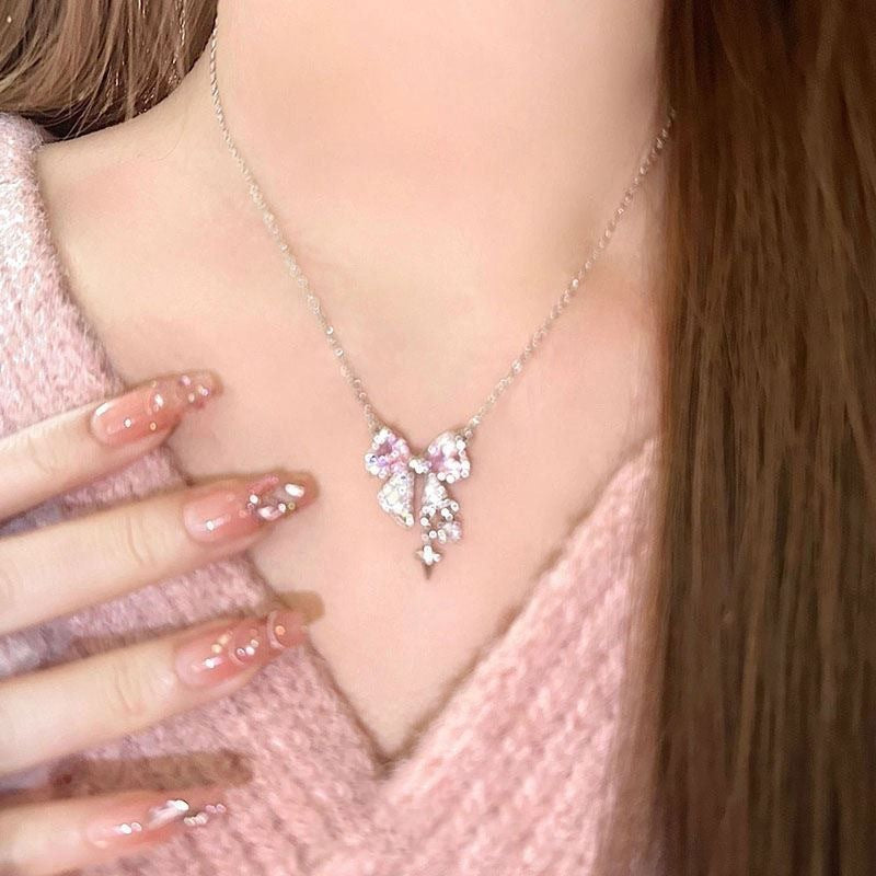 UNI-10247 - Blinky Pink Bow Silver - Necklace
