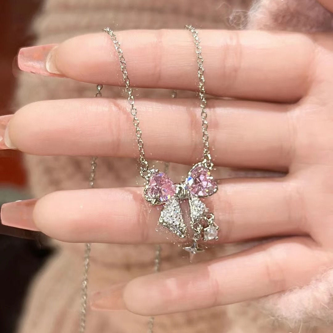 UNI-10247 - Blinky Pink Bow Silver - Necklace