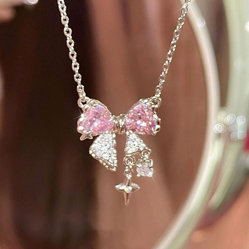 UNI-10247 - Blinky Pink Bow Silver - Necklace