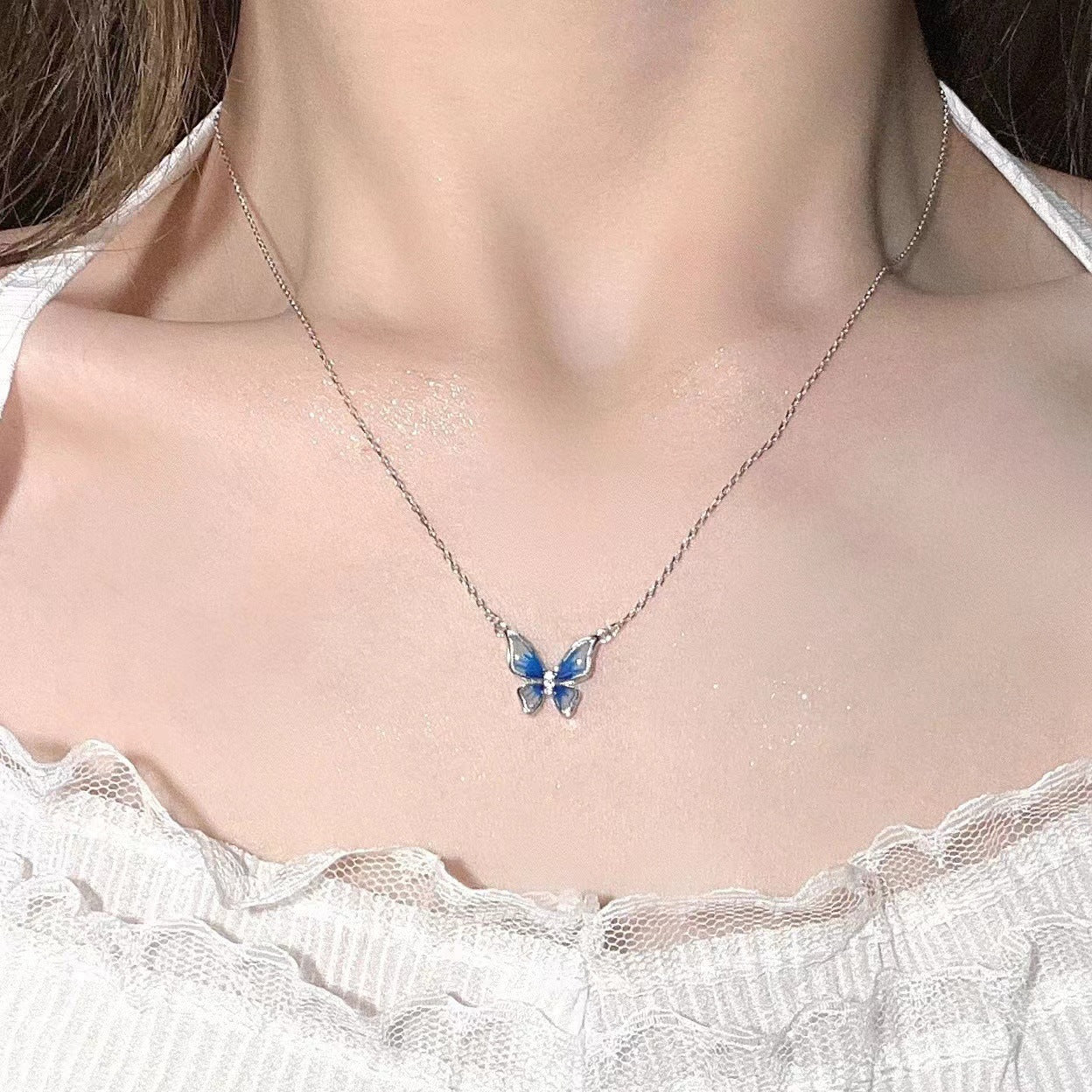 UNI-10248 - Blue Butterfly Silver - Necklace