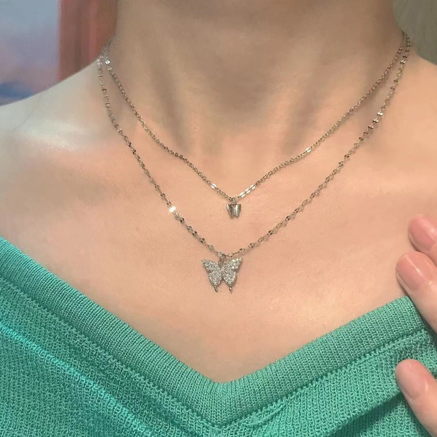 UNI-10251 - Butterfly Double Layer Silver - Necklace