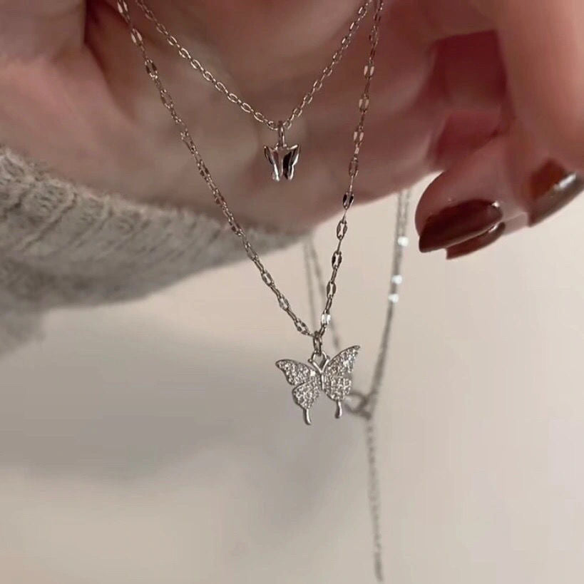 UNI-10251 - Butterfly Double Layer Silver - Necklace
