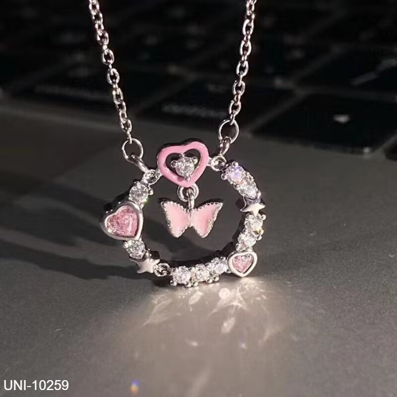 UNI-10259- Pink Butterfly & Heart Circle - Necklace