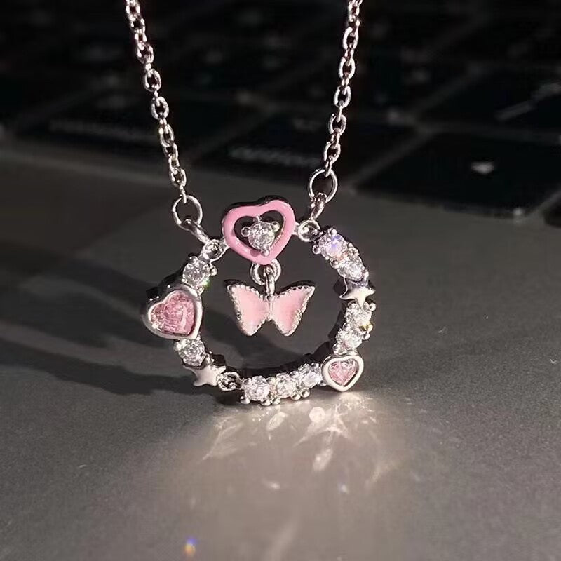 UNI-10259- Pink Butterfly & Heart Circle - Necklace