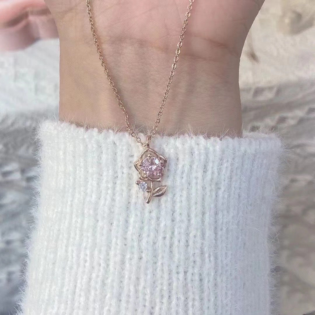 UNI-10261 -Pink Flower Rose Gold - Necklace