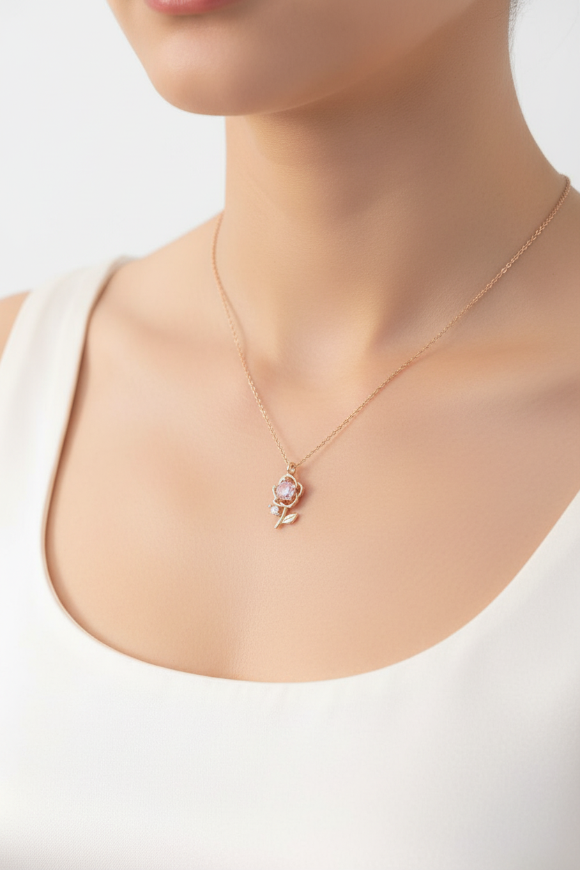 UNI-10261 -Pink Flower Rose Gold - Necklace