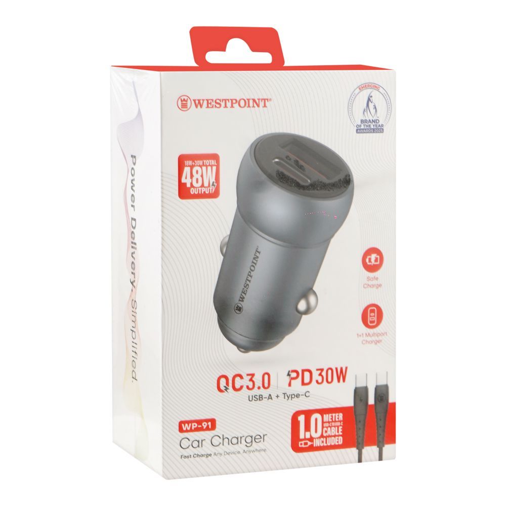 West Point Car Charger, 18W USB-A + 30W Type-C, Black, WP-91