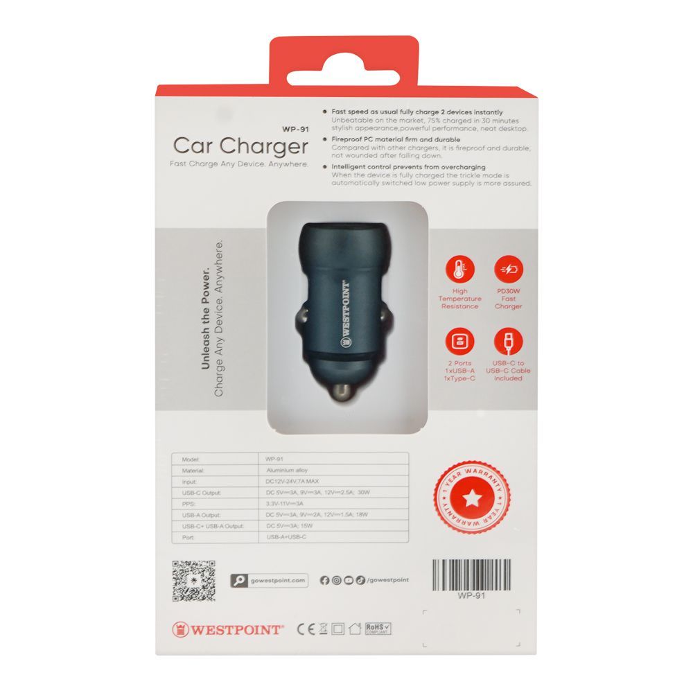 West Point Car Charger, 18W USB-A + 30W Type-C, Black, WP-91