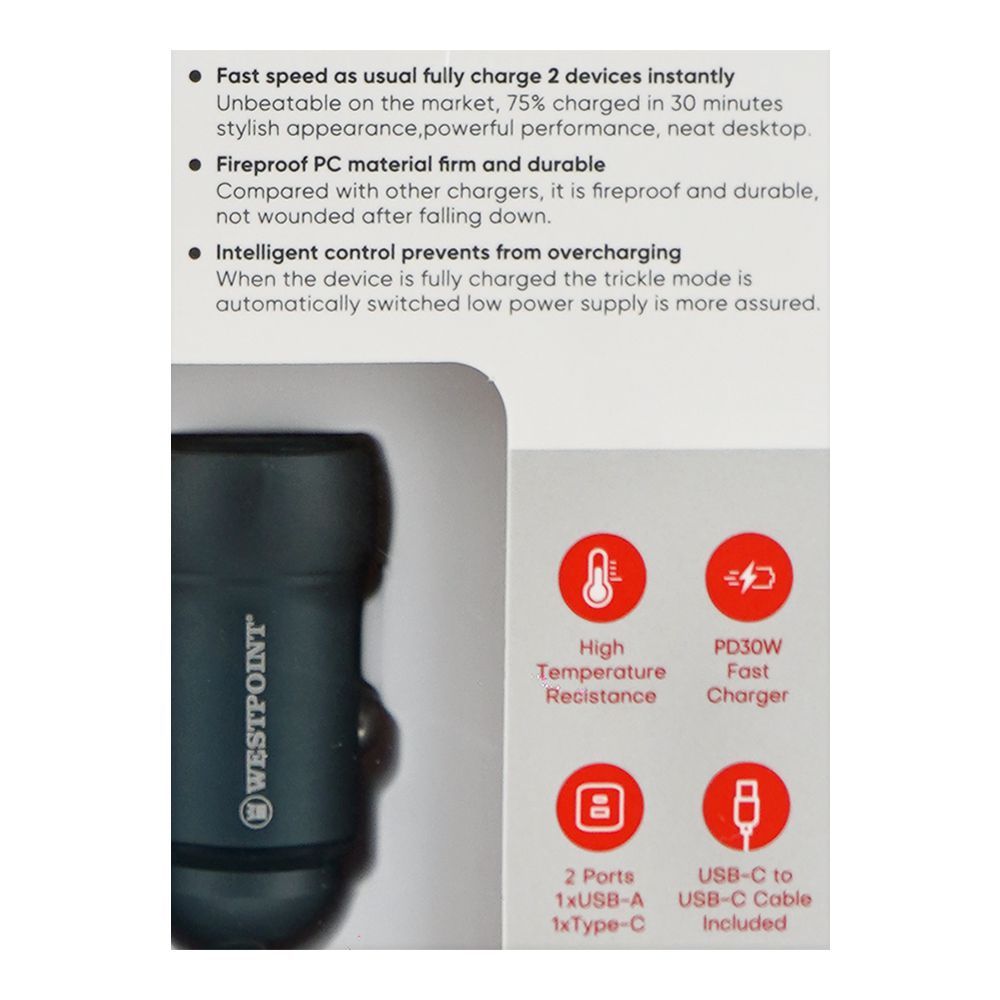 West Point Car Charger, 18W USB-A + 30W Type-C, Black, WP-91