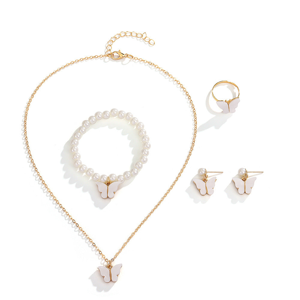 UNI-10554 - Pink Butterfly Pearl Gold - Jewelry Set