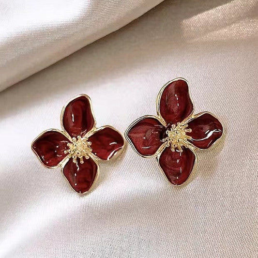UNI-10304 - Maroon Shiny Flower  - Earring