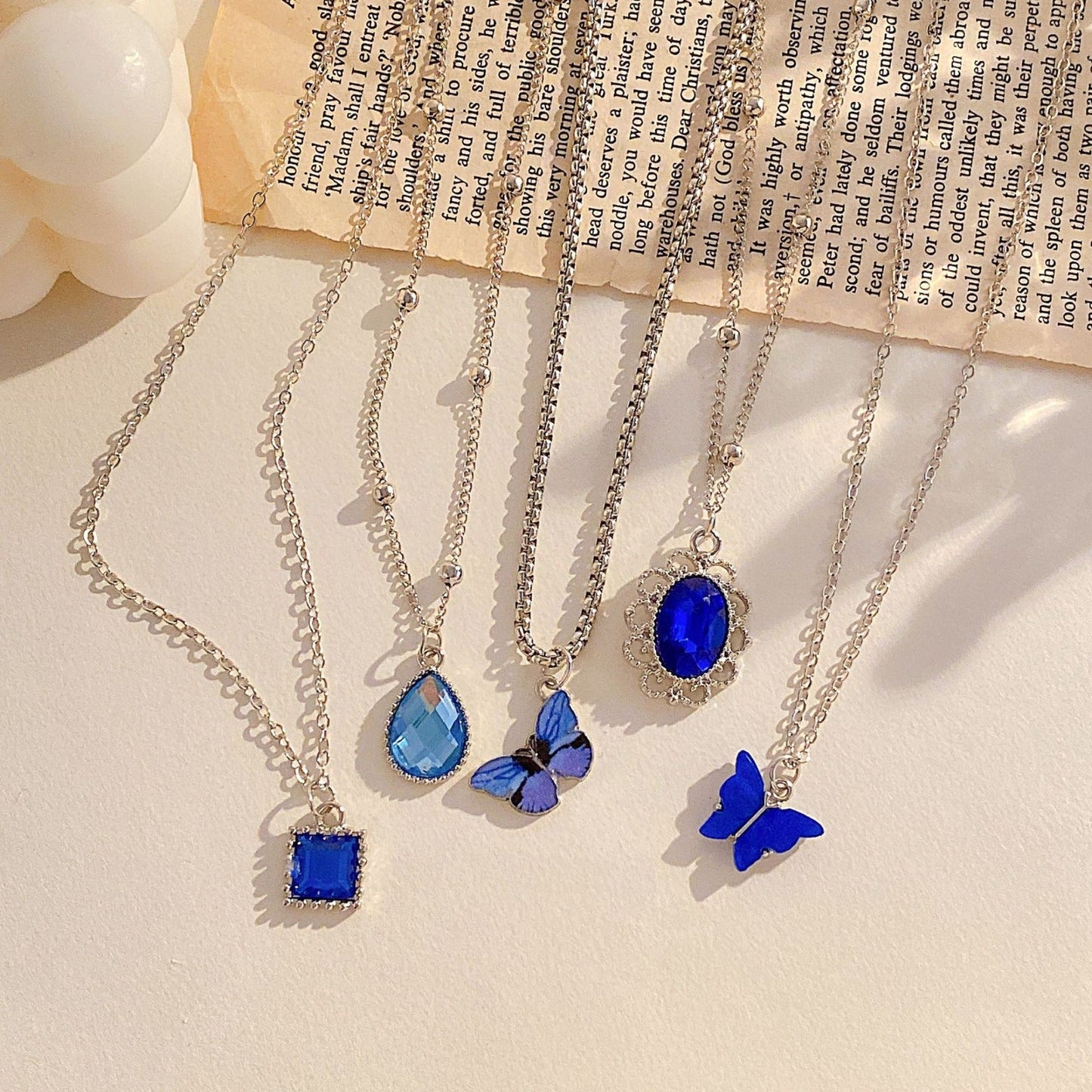 UNI-10596 - Navy Blue Gem & Butterfly - Necklace Set Of 5